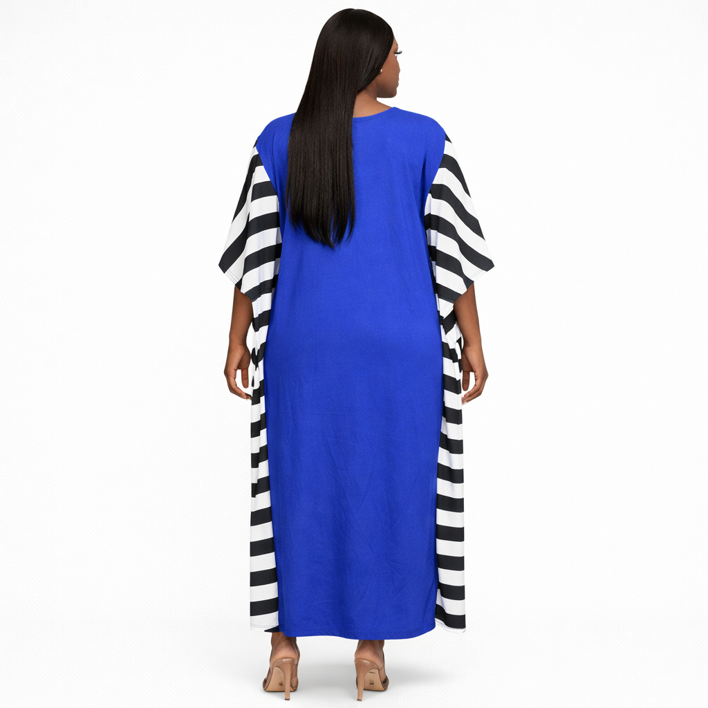 Royal Blue Kaftan Dress with Striped Flow Sleeves