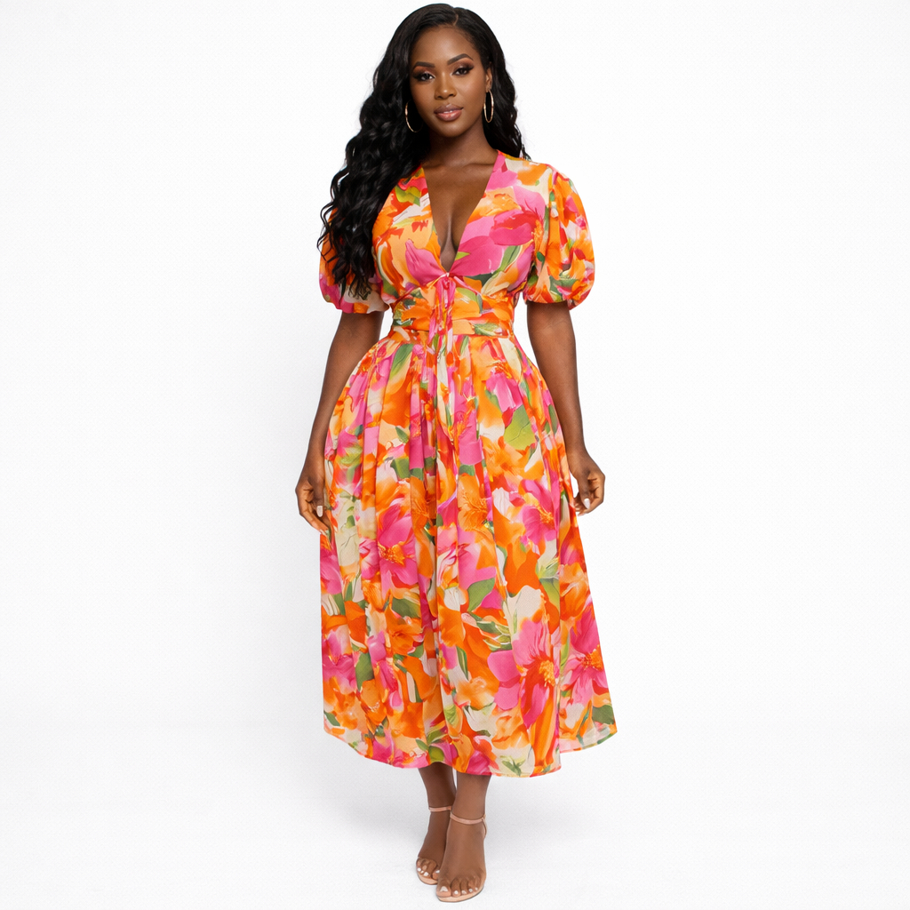 Floral V Neck Short Sleeve Mini Dress