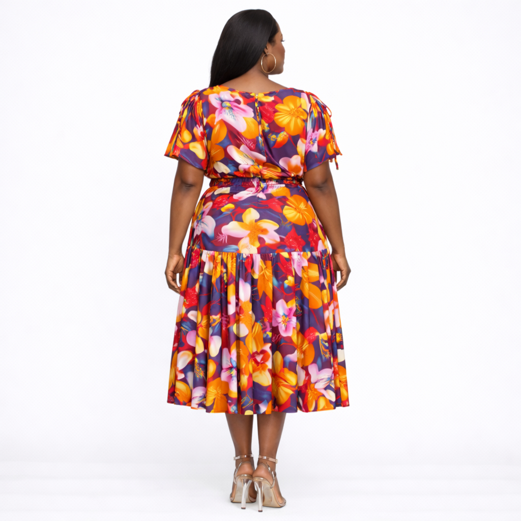 Floral V Neck Gathered Sleeve Midi Dress