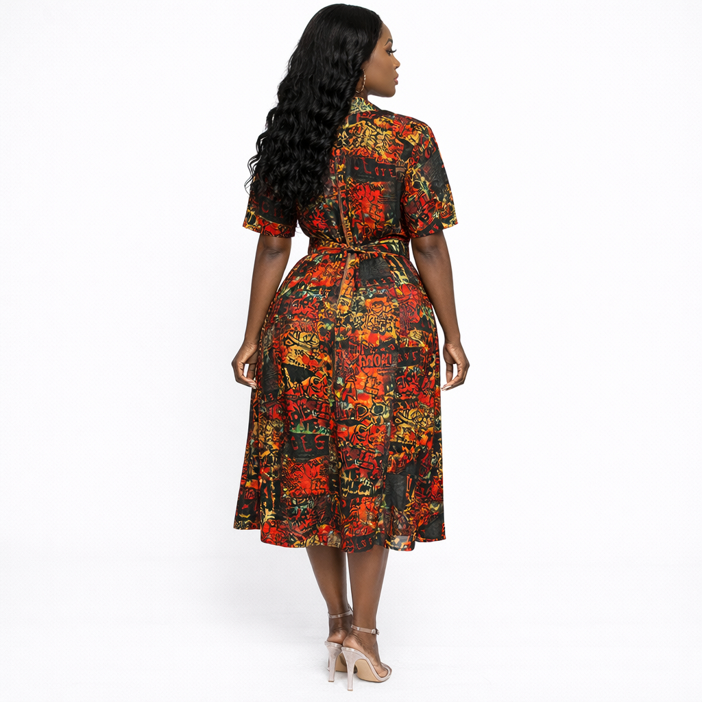 Colorful Graffiti Print Zip Front Shirt Dress