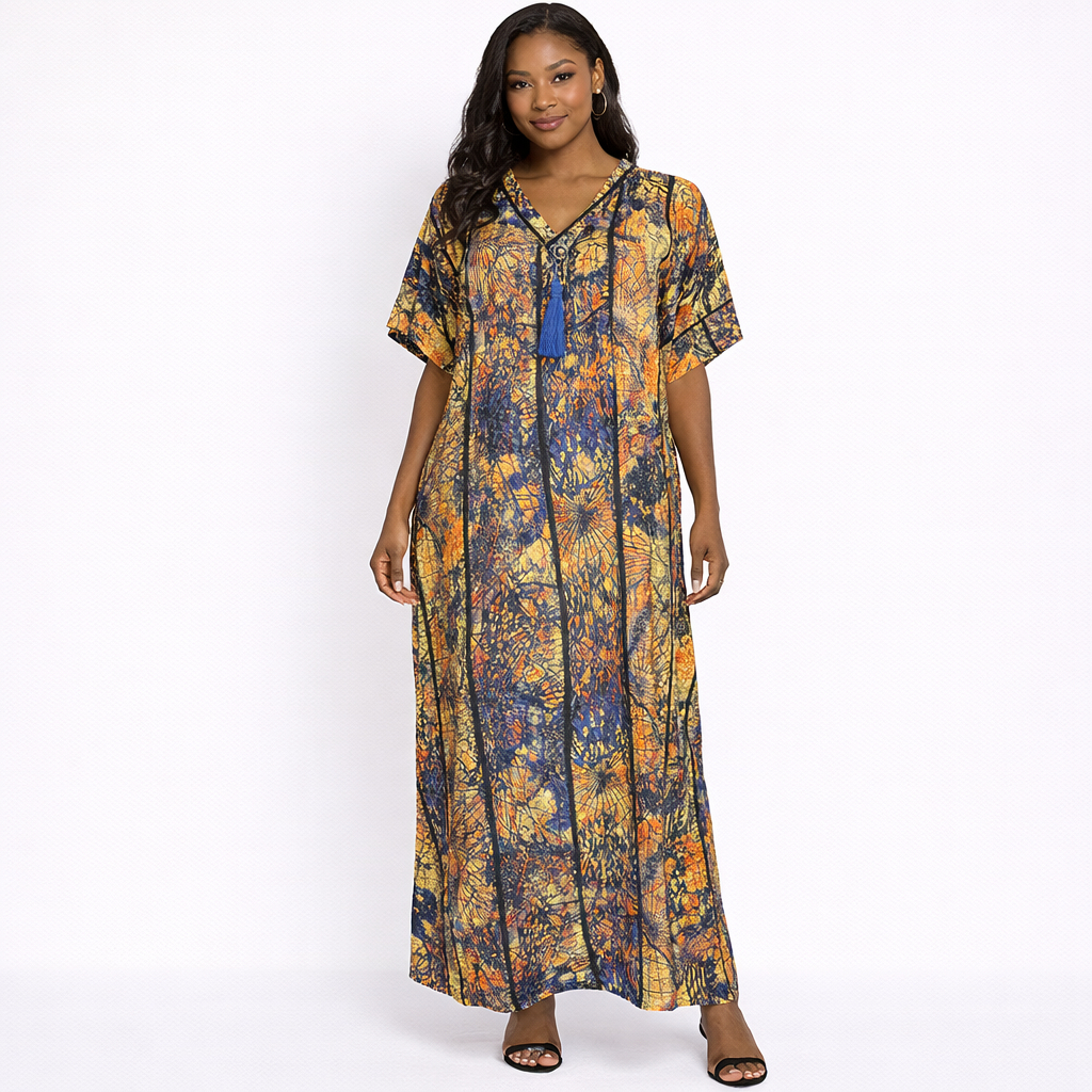 Trendy Women Abstract Print Kaftan Maxi Dress with Tassel Detail