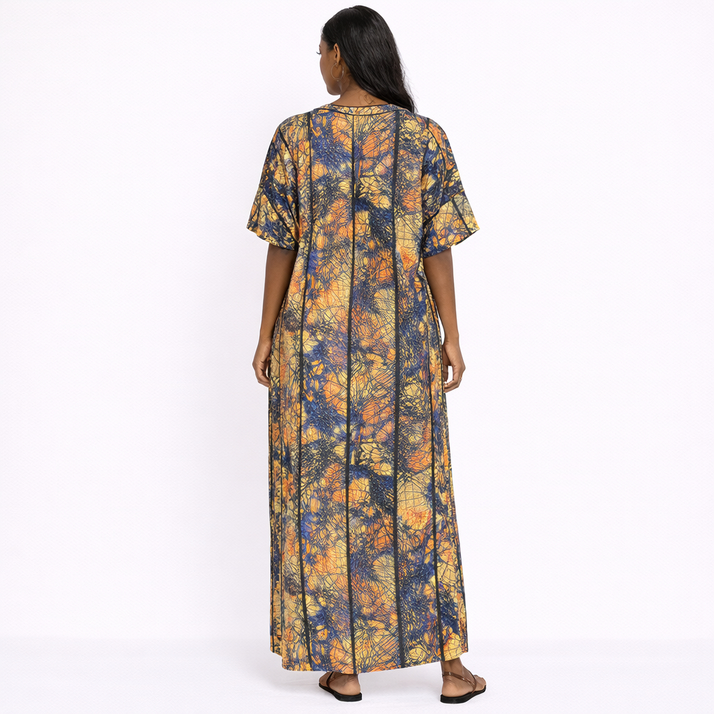 Trendy Women Abstract Print Kaftan Maxi Dress with Tassel Detail