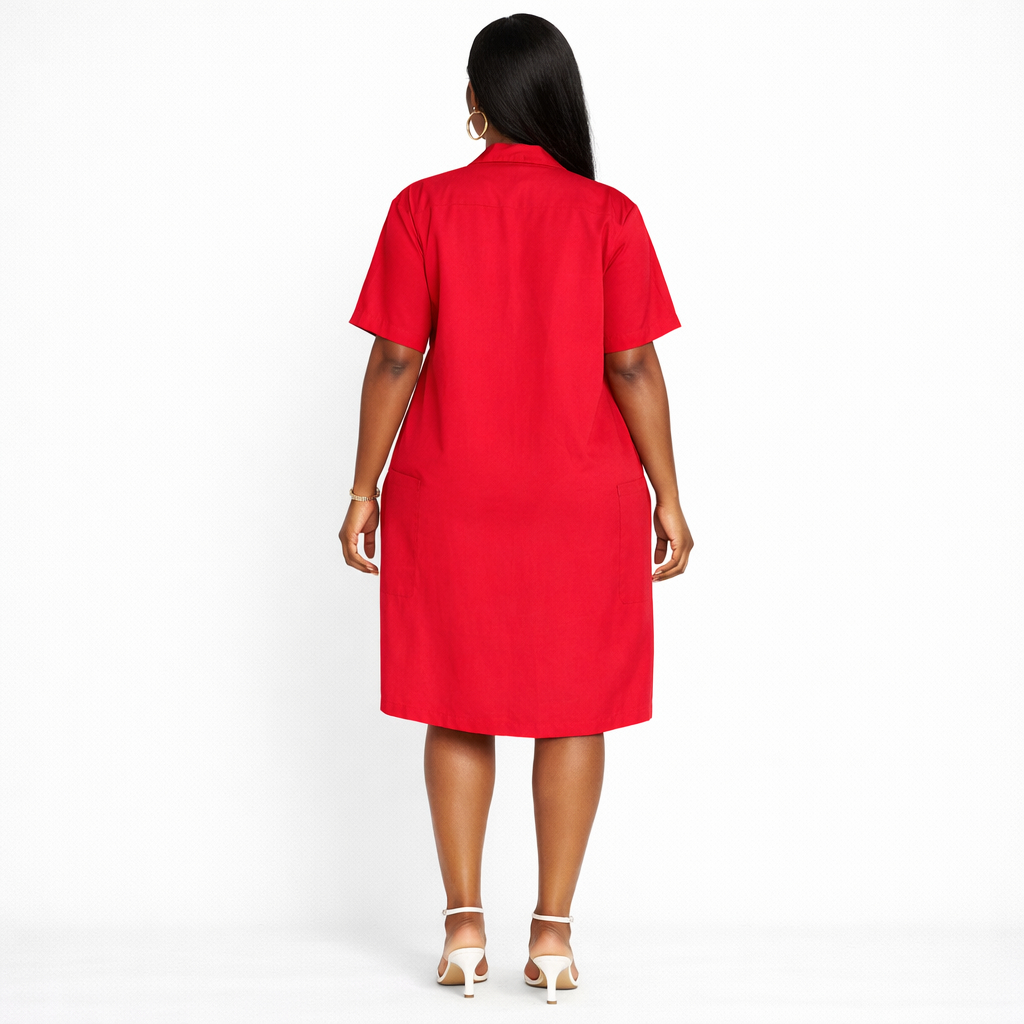 Red Short Sleeve V Neck Midi Dress with Tassel Detail