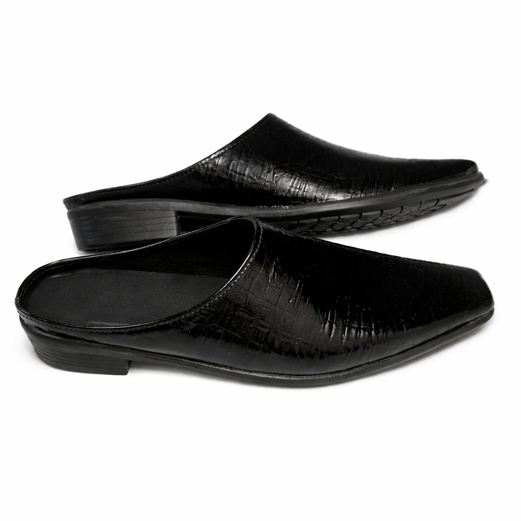 Mens Black Slip On Mule Loafers with Low Heel