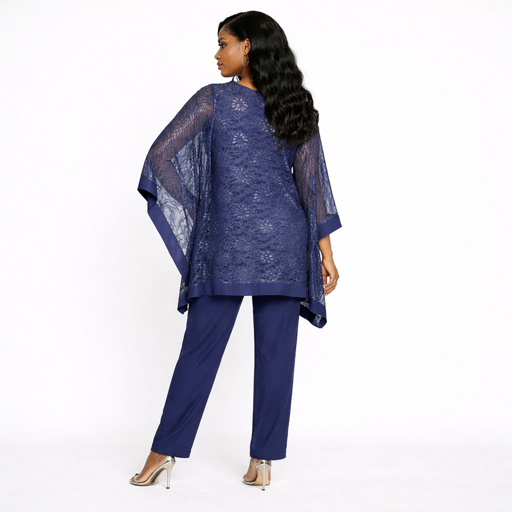 Elegant Navy Blue Lace Kaftan Two Piece Set