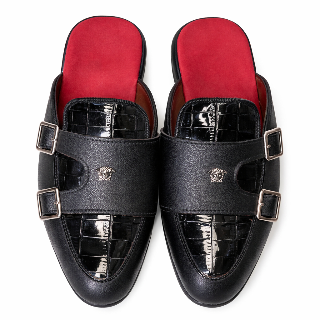 Midnight Croc Luxe Buckle Mules