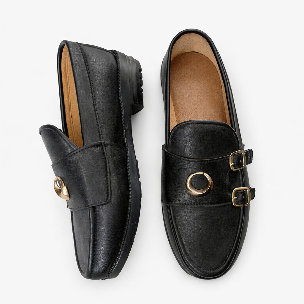 Quality Men Black Slip On Loafers with Buckle Detail