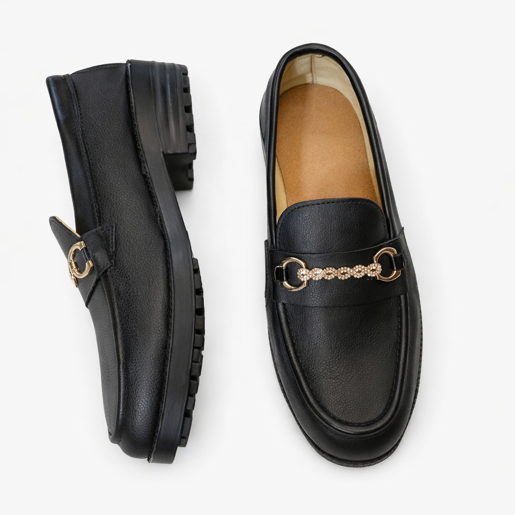 Quality Men Black Slip On Loafers with Metal Accent