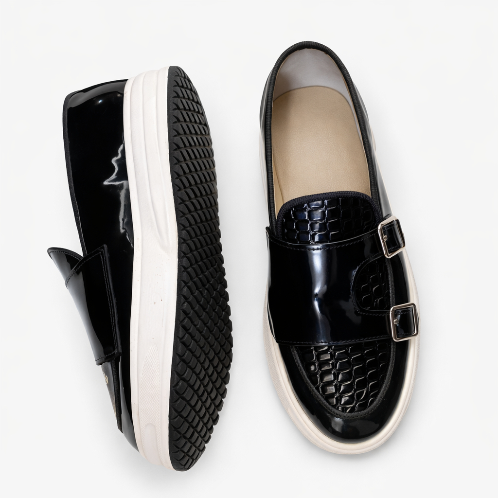Men Glossy Buckle Strap Slip On Casual Shoes