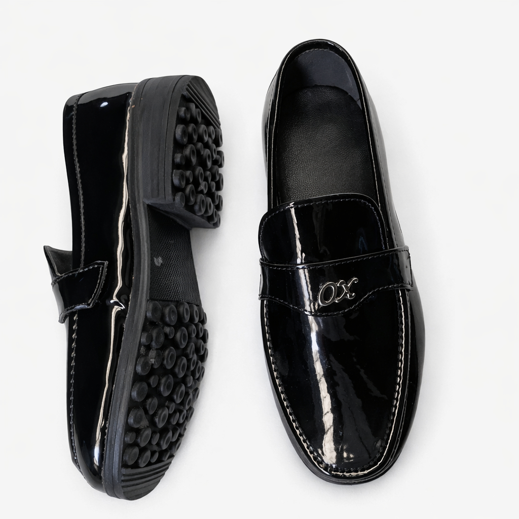 Men Glossy Black Slip On Loafers with Metal Accent