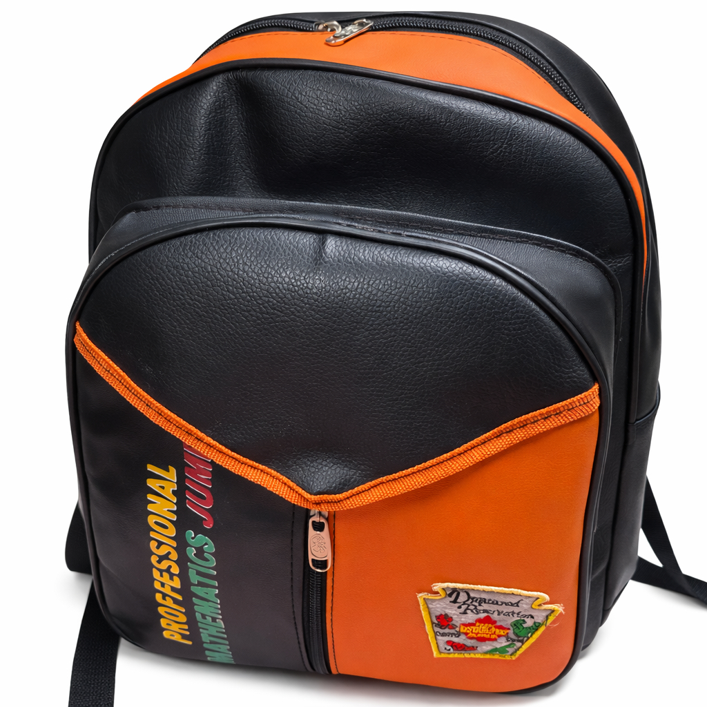 Quality Orange and Black Faux Leather Backpack with Front Zip Pocket