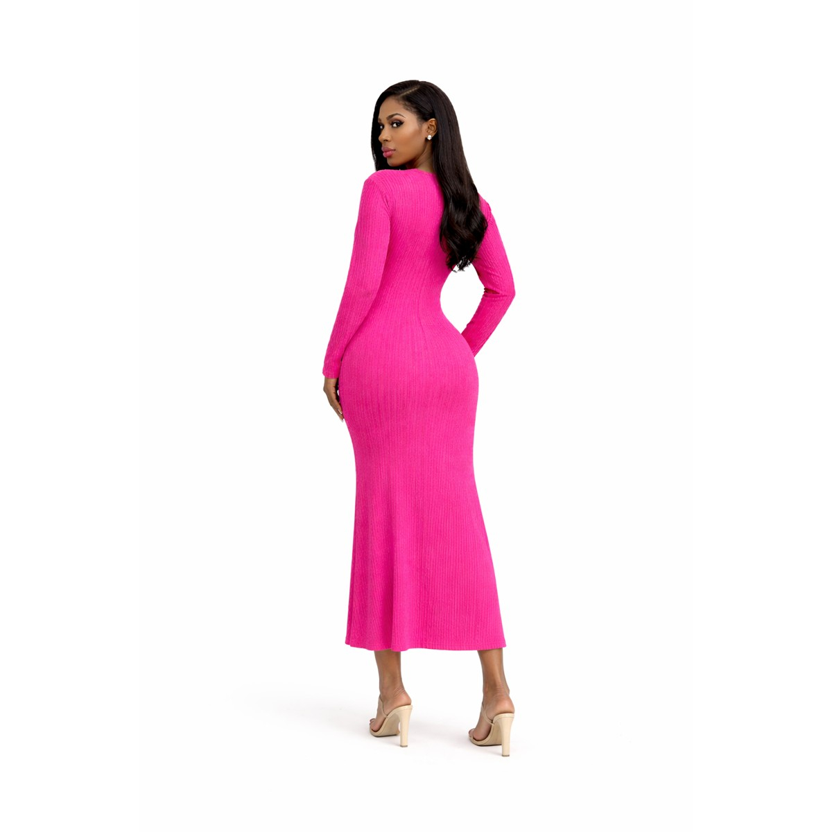 Radiant Fuchsia Ribbed Bodycon Midi Dress