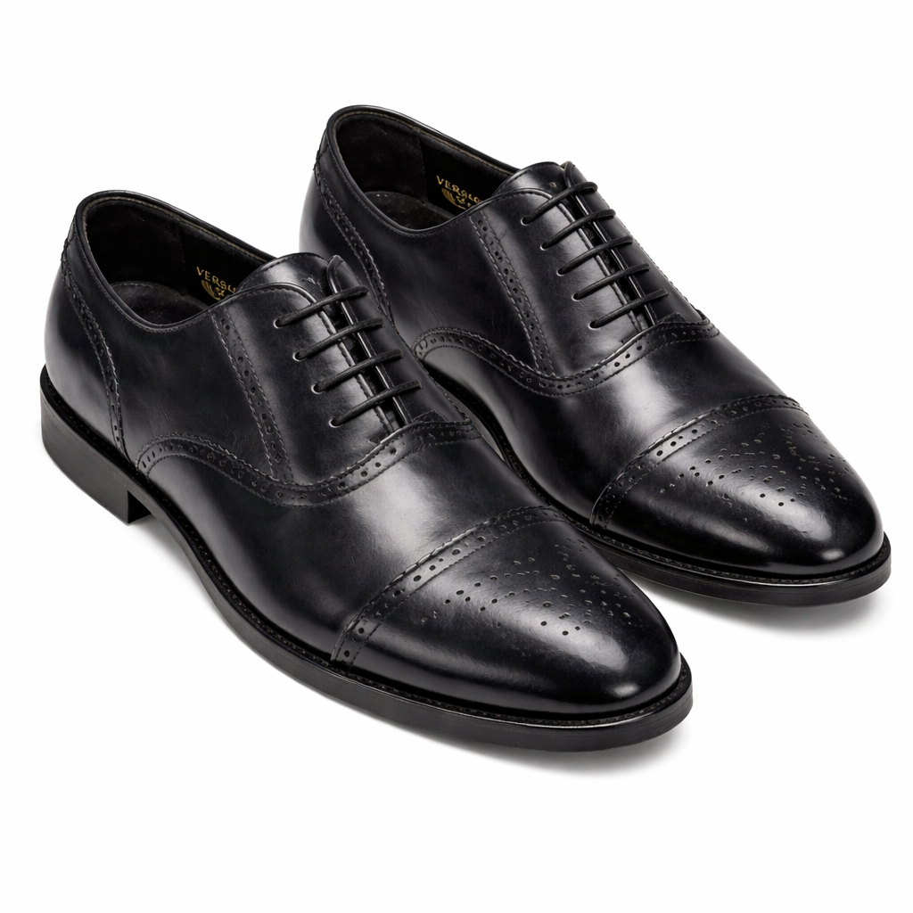 Black Midnight Brogue Cap Toe Oxford Shoe for Men