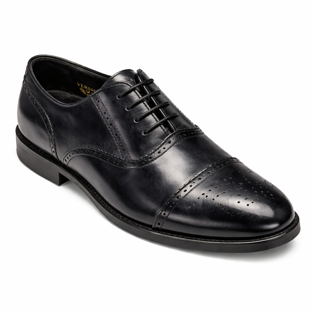Black Midnight Brogue Cap Toe Oxford Shoe for Men