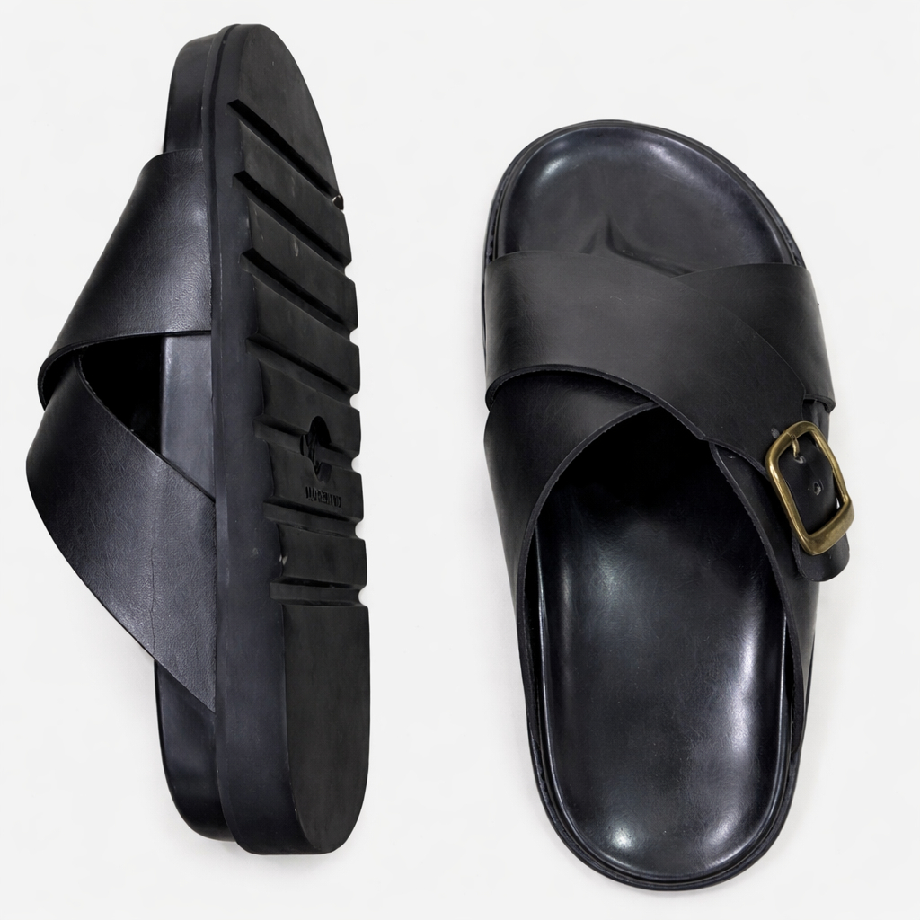 Midnight Cross Strap Leather Slide Sandals