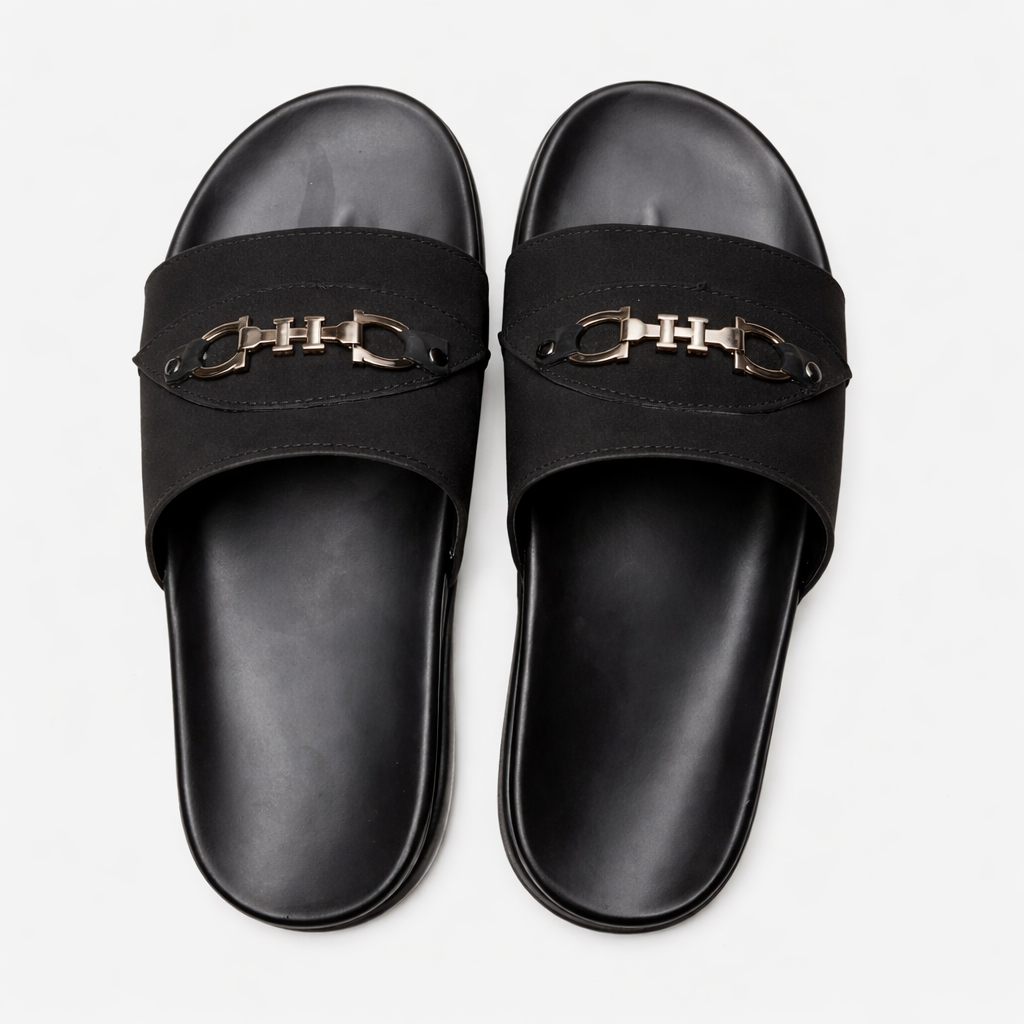Mens Black Luxury Slide Slippers with Metal Accent