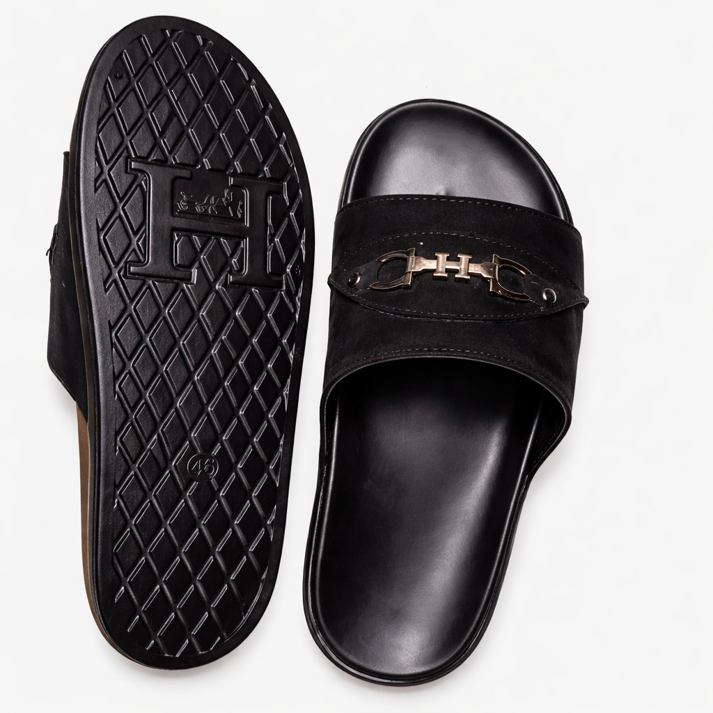 Mens Black Luxury Slide Slippers with Metal Accent