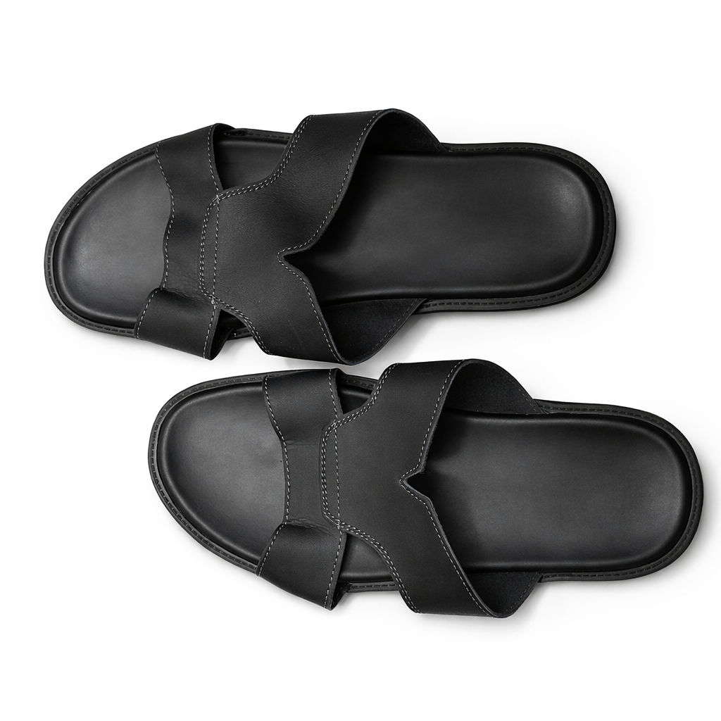 Mens Black Leather Slip On Sandals