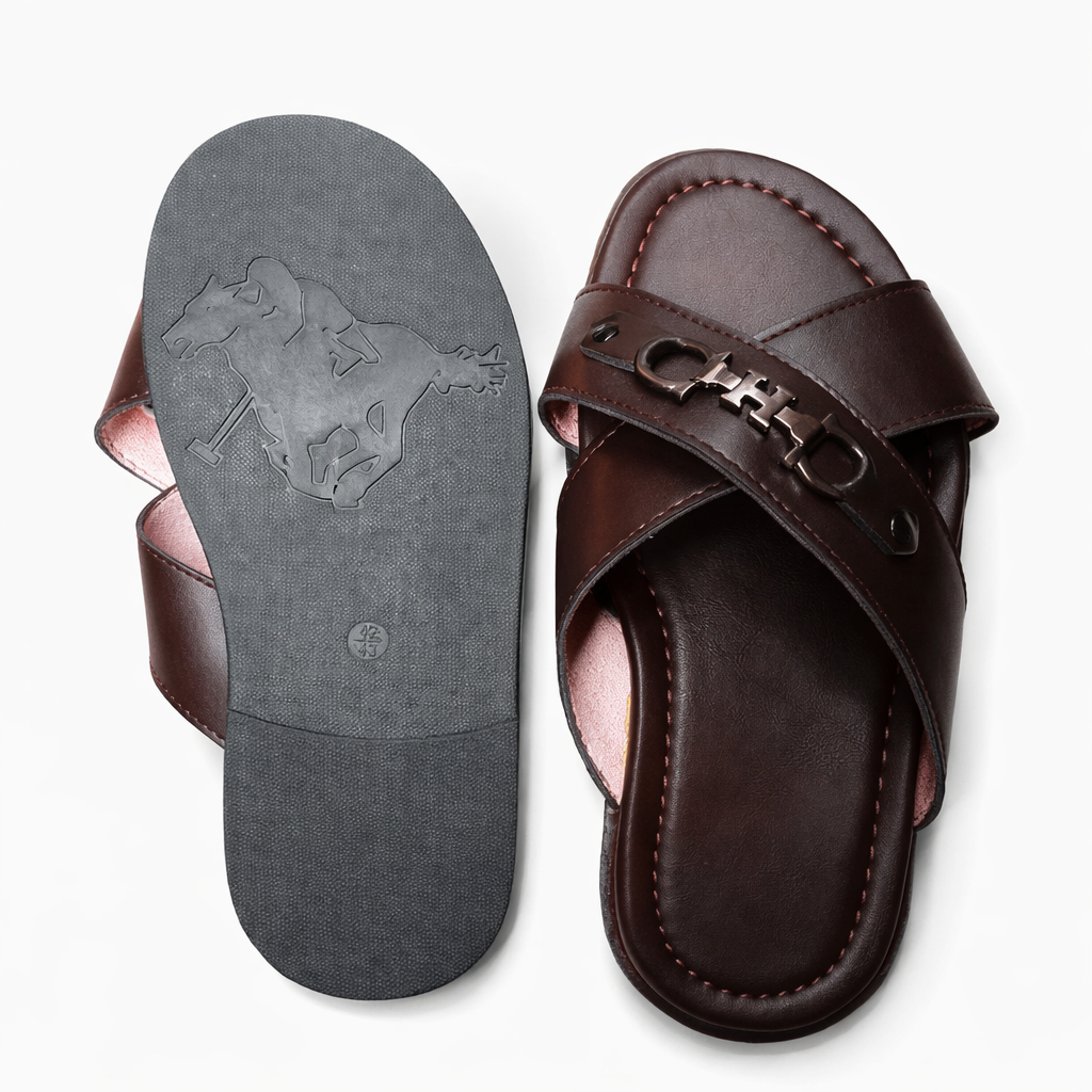 Mens Brown Leather Cross Strap Slip On Shoe
