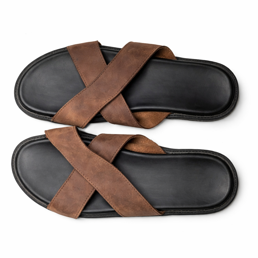 Mens Brown Leather Cross Strap Slip On Sandals