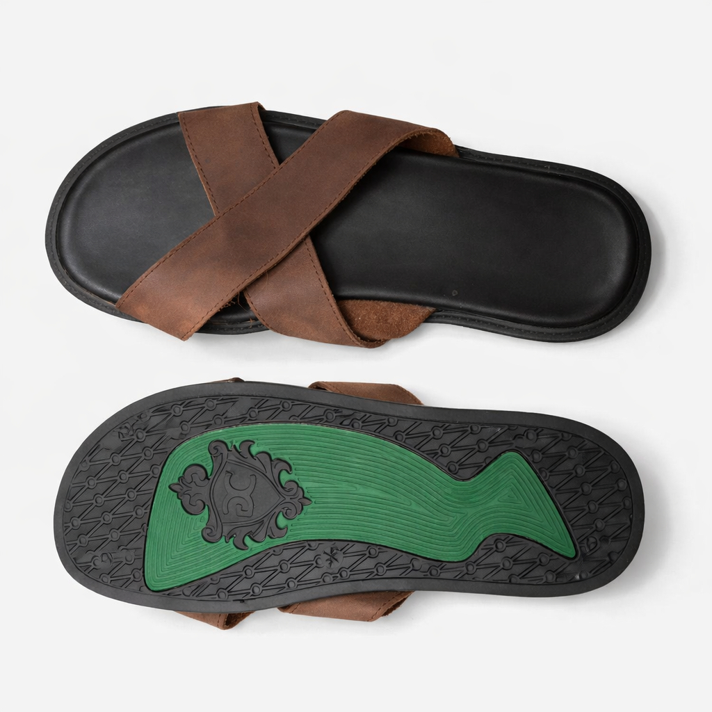 Mens Brown Leather Cross Strap Slip On Sandals