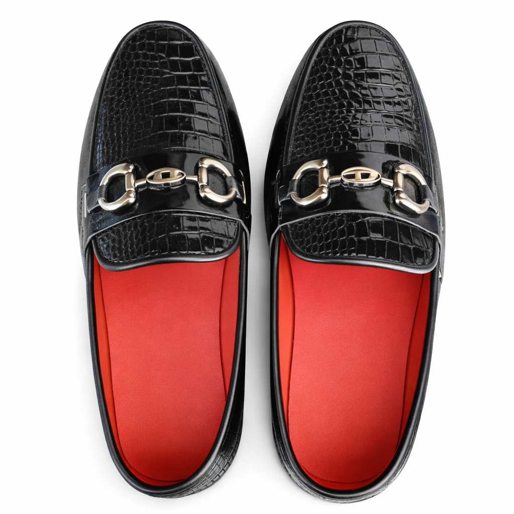 Mens Crocodile Texture Patent Leather Horsebit Loafers