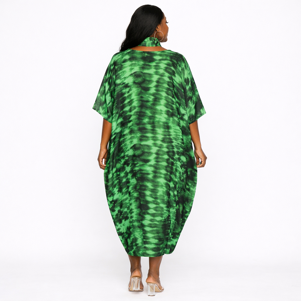 Green Tie Dye Free Flow Kaftan Dress