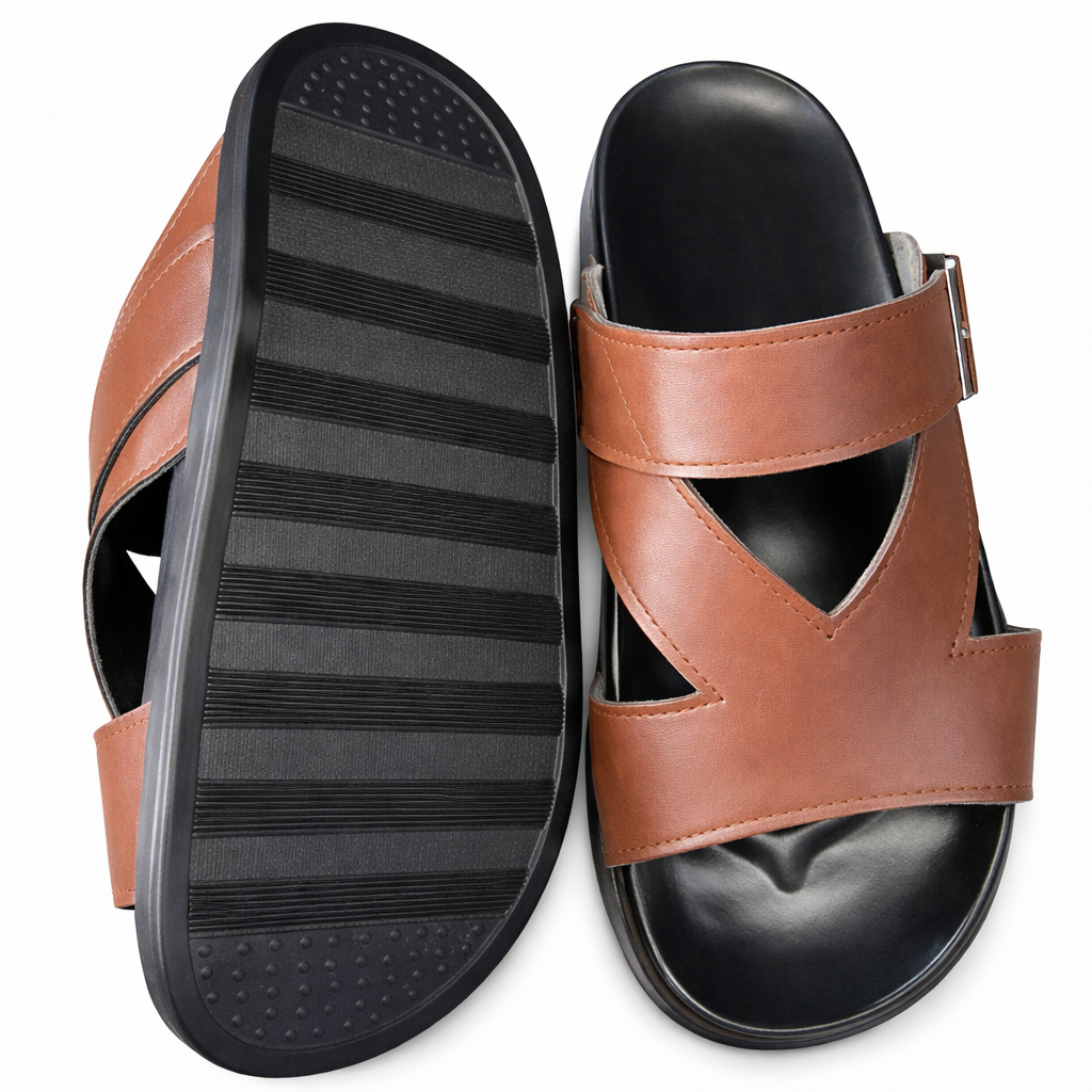 Mens Brown Open Toe Strap Slide Sandals