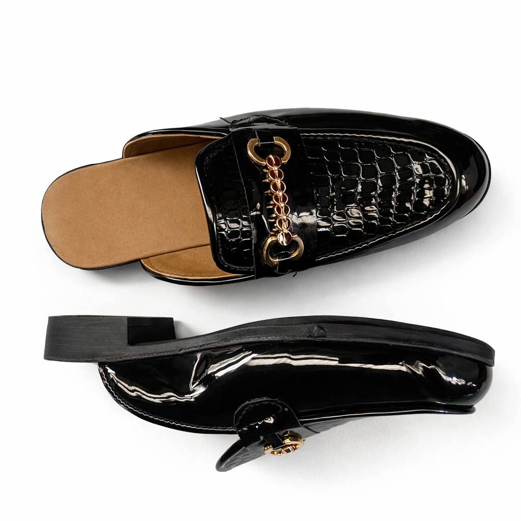 Men Black Glossy Slip On Mule Loafers with Metal Chain