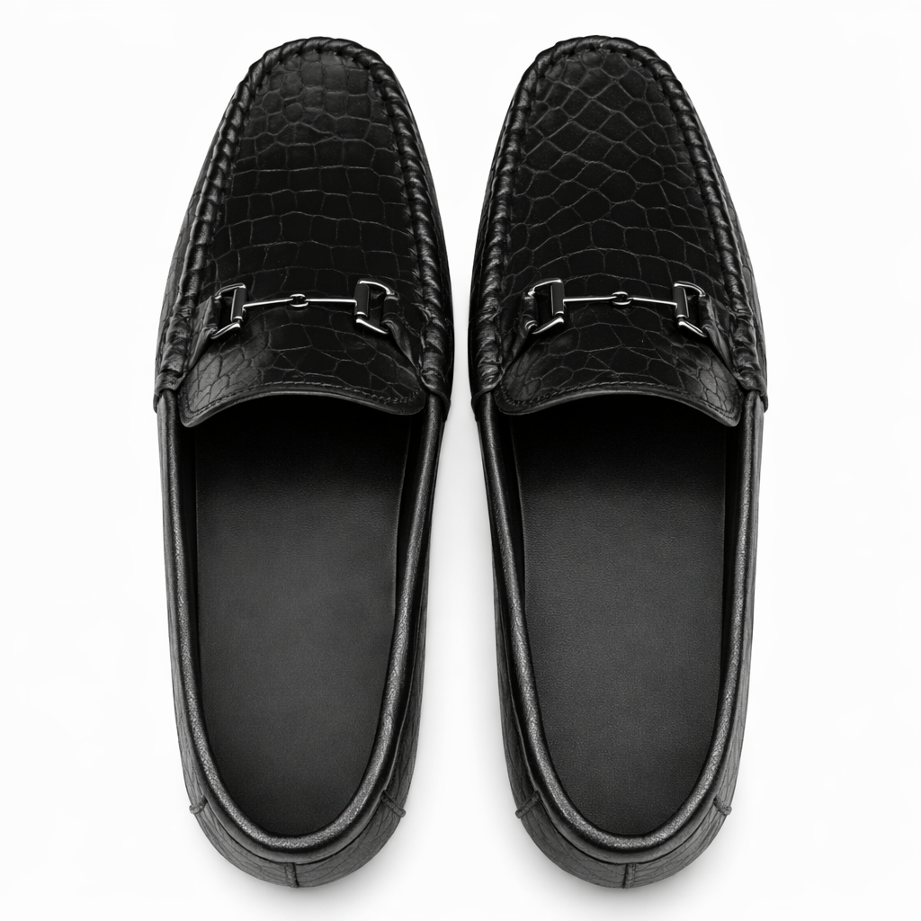 Black Textured Slip On Loafers for Men