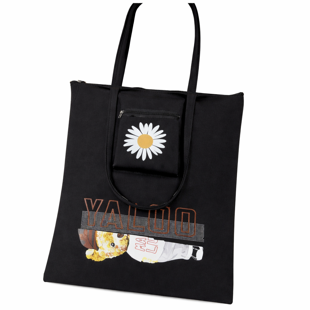 Black Printed Canvas Tote Bag with Front Pocket