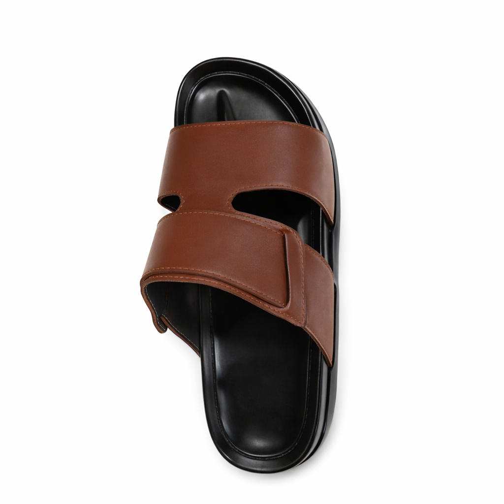 Quality Men Brown Dual Strap Open Toe Slide Sandal