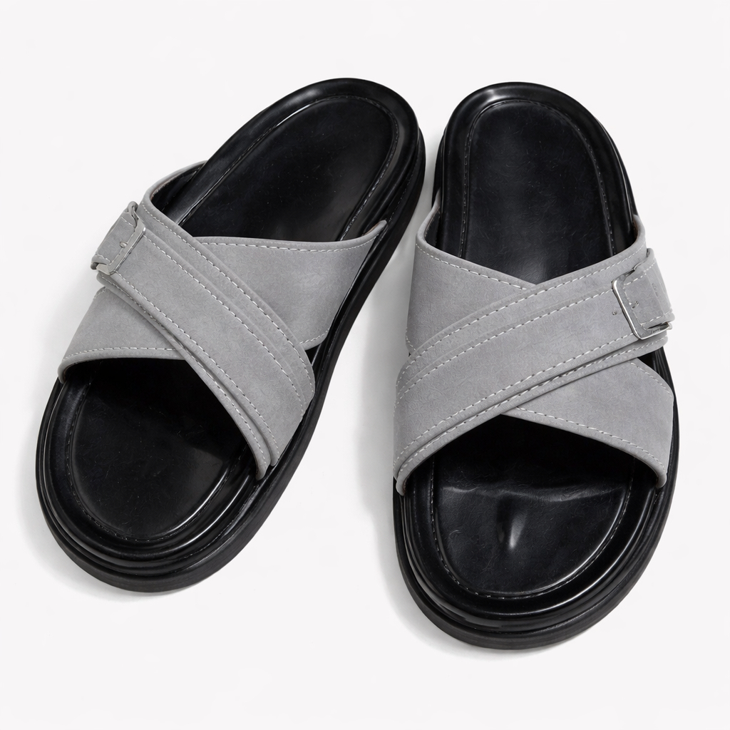 Urban Edge Grey Cross Strap Slides