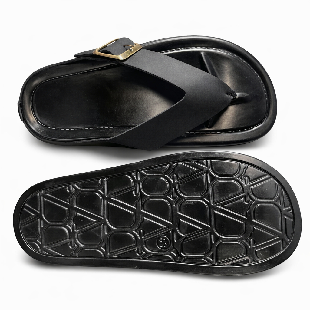 Trendy Men Black Leather Toe Post Sandals with Buckle Strap