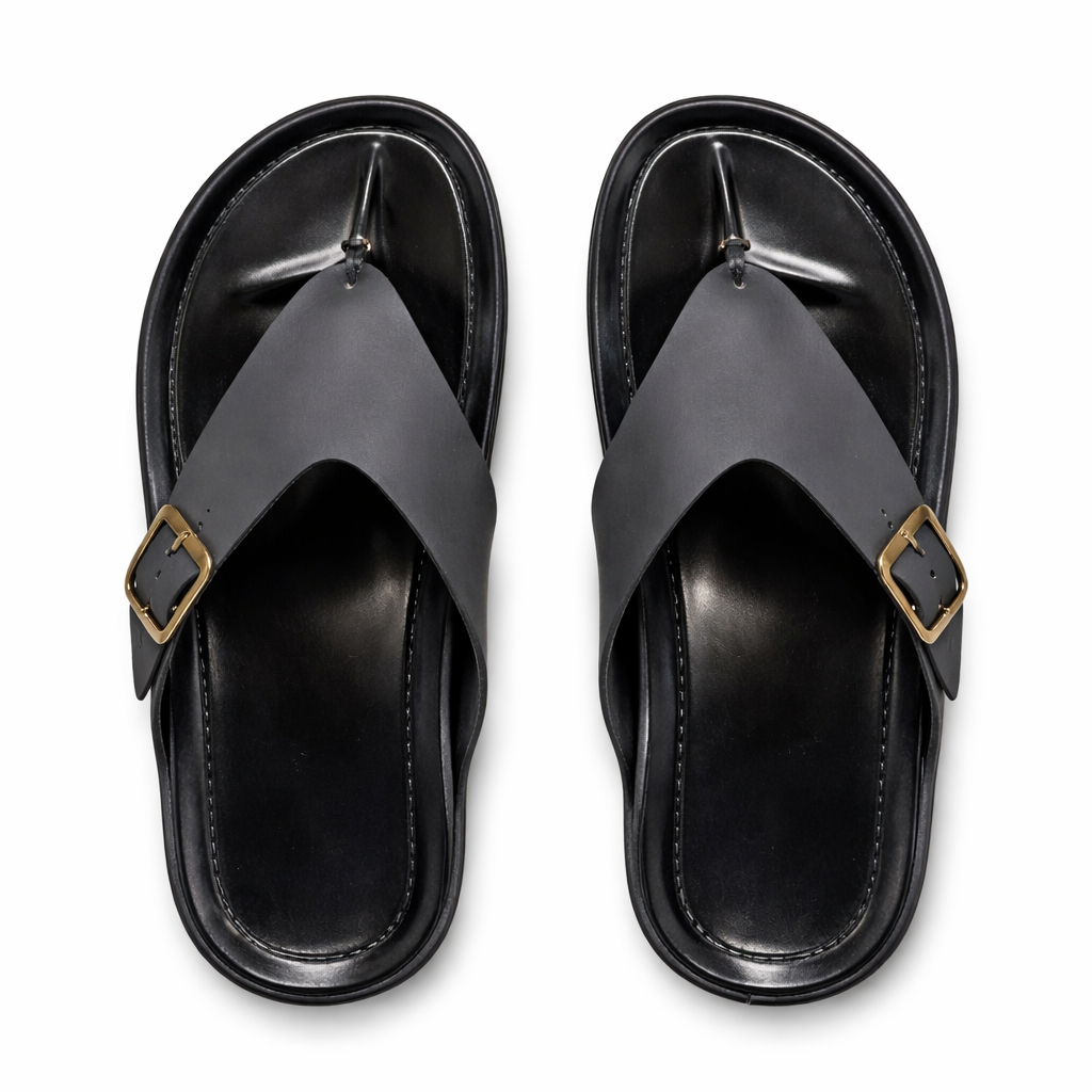 Trendy Men Black Leather Toe Post Sandals with Buckle Strap