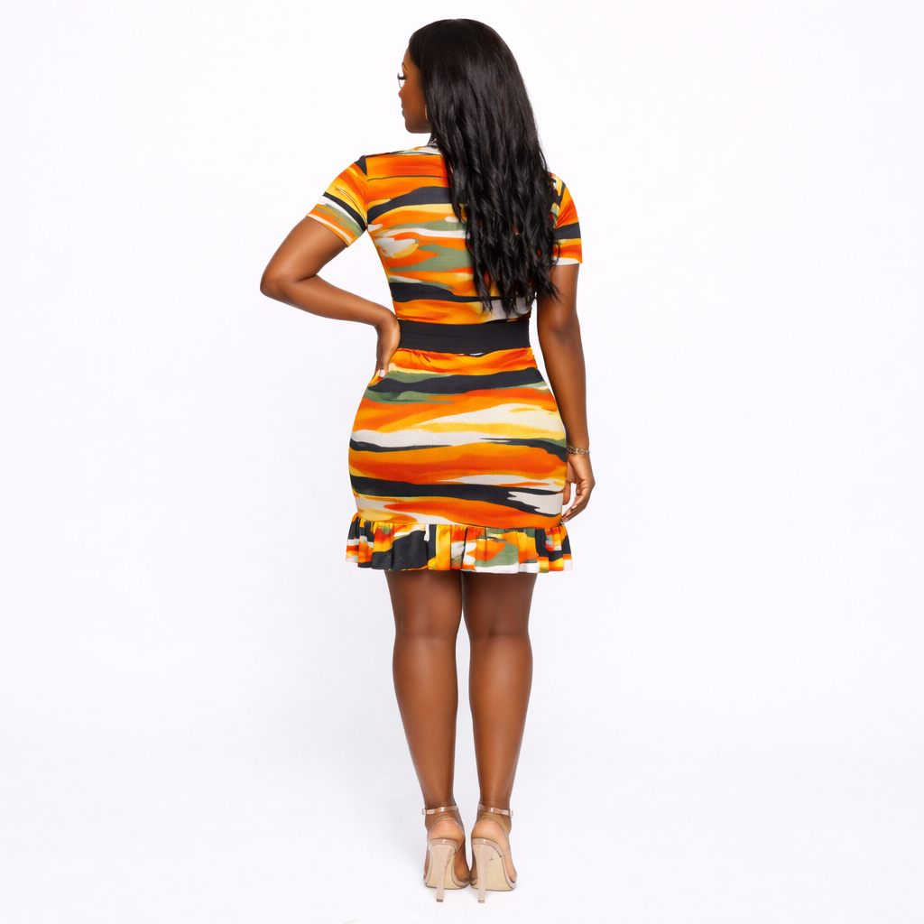 Womens Short Sleeve Printed Bodycon Mini Dress with Ruffle Hem