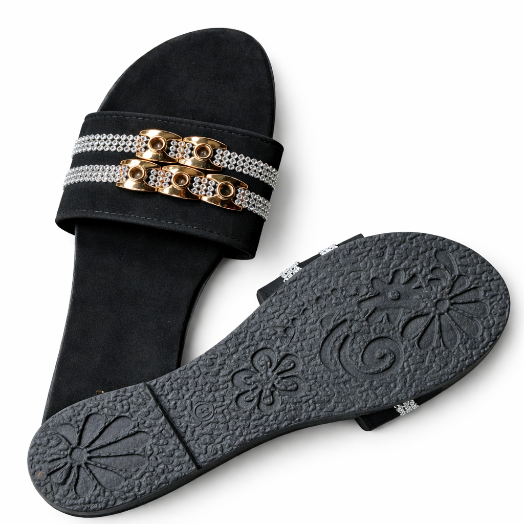 Rhinestone Strap Slide Sandals with Metallic Accent