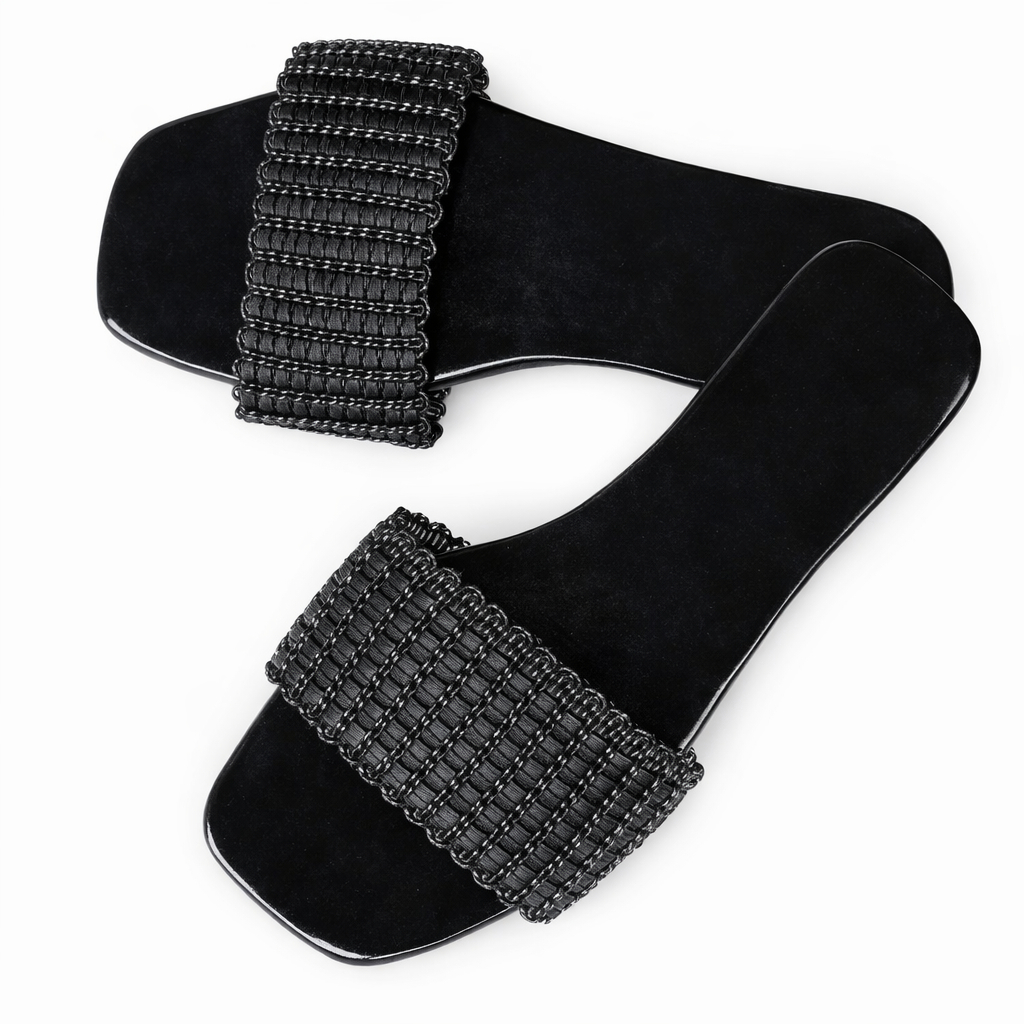 Beaded Cross Strap Flat Slide Sandals