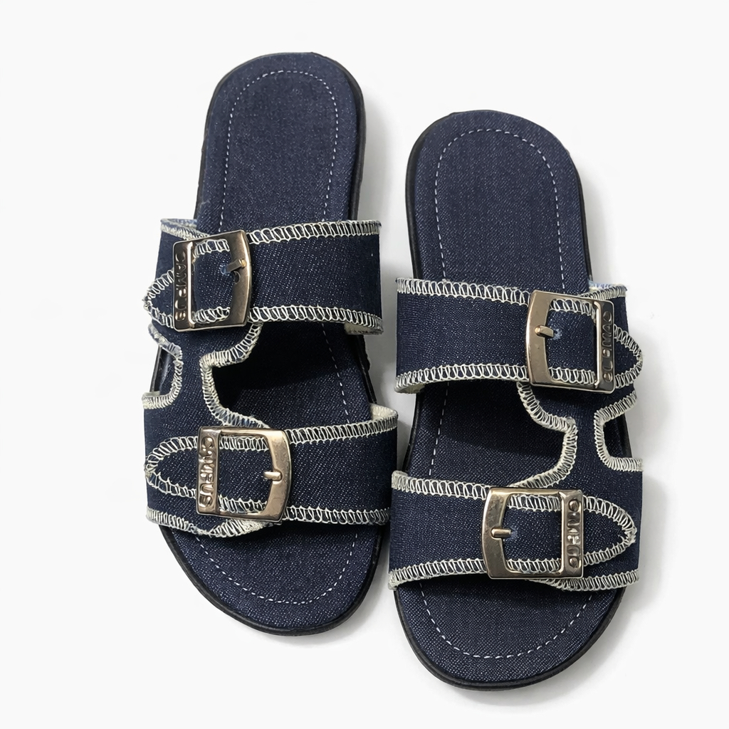 Quality Double Buckle Denim Slide Sandals