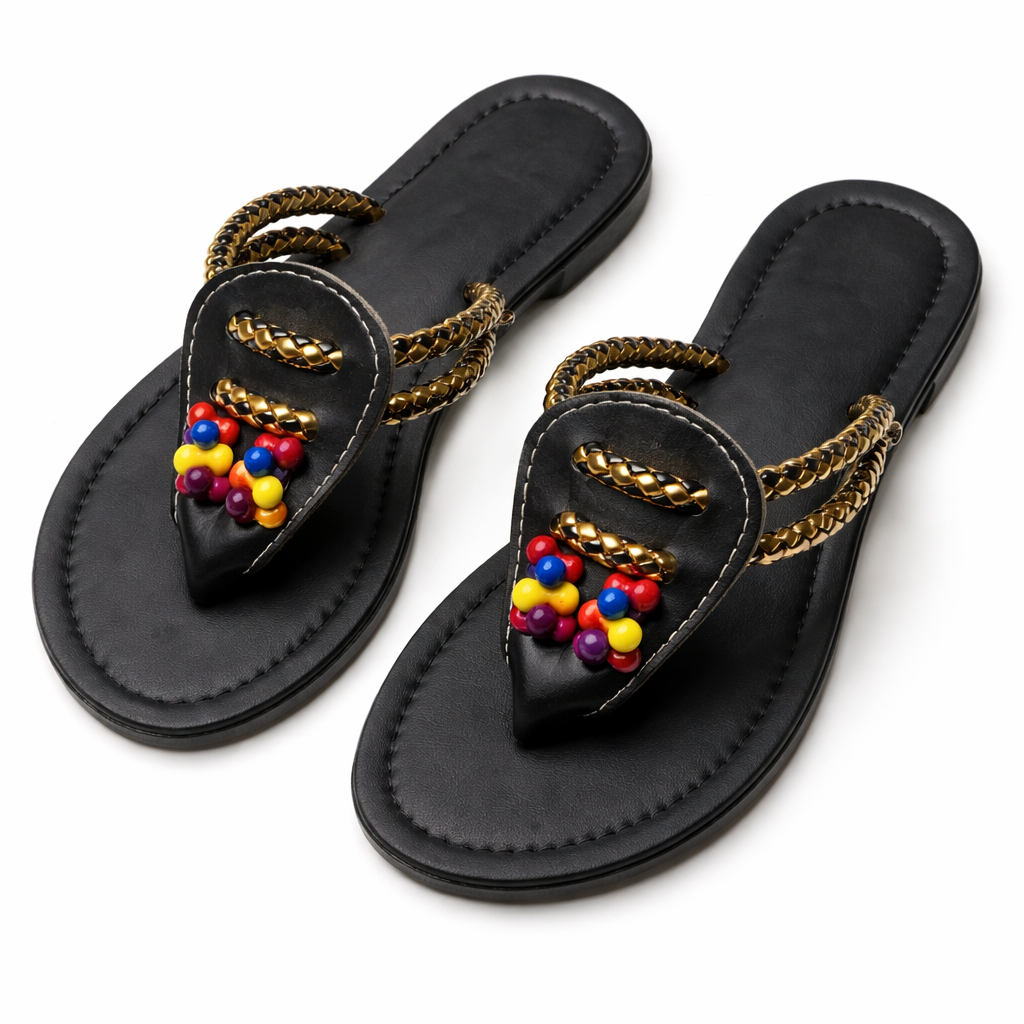 Beaded Strap Flat Slide Sandals