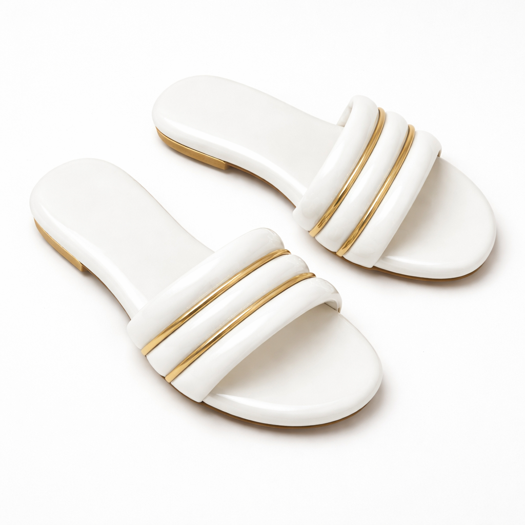 Glossy Double Band Slide Sandals with Metallic Trim