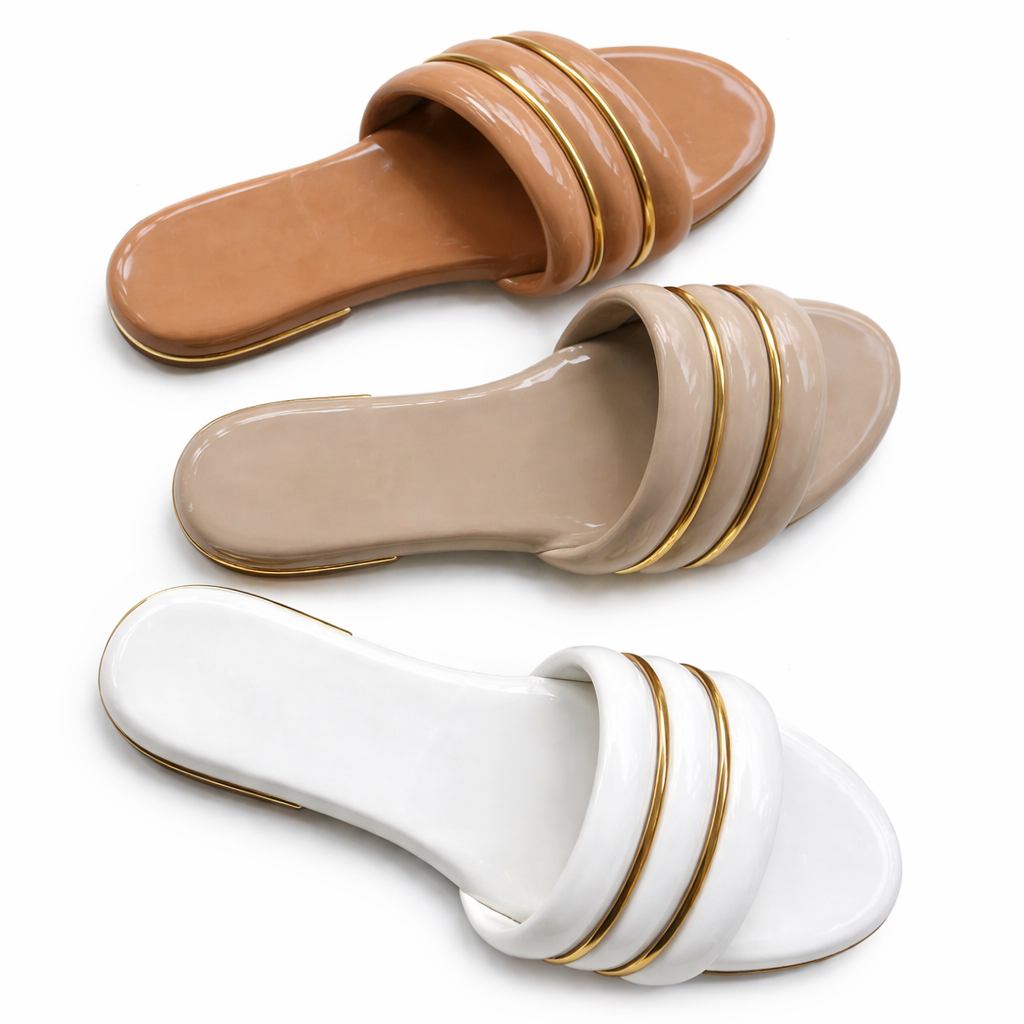Glossy Double Band Slide Sandals with Metallic Trim
