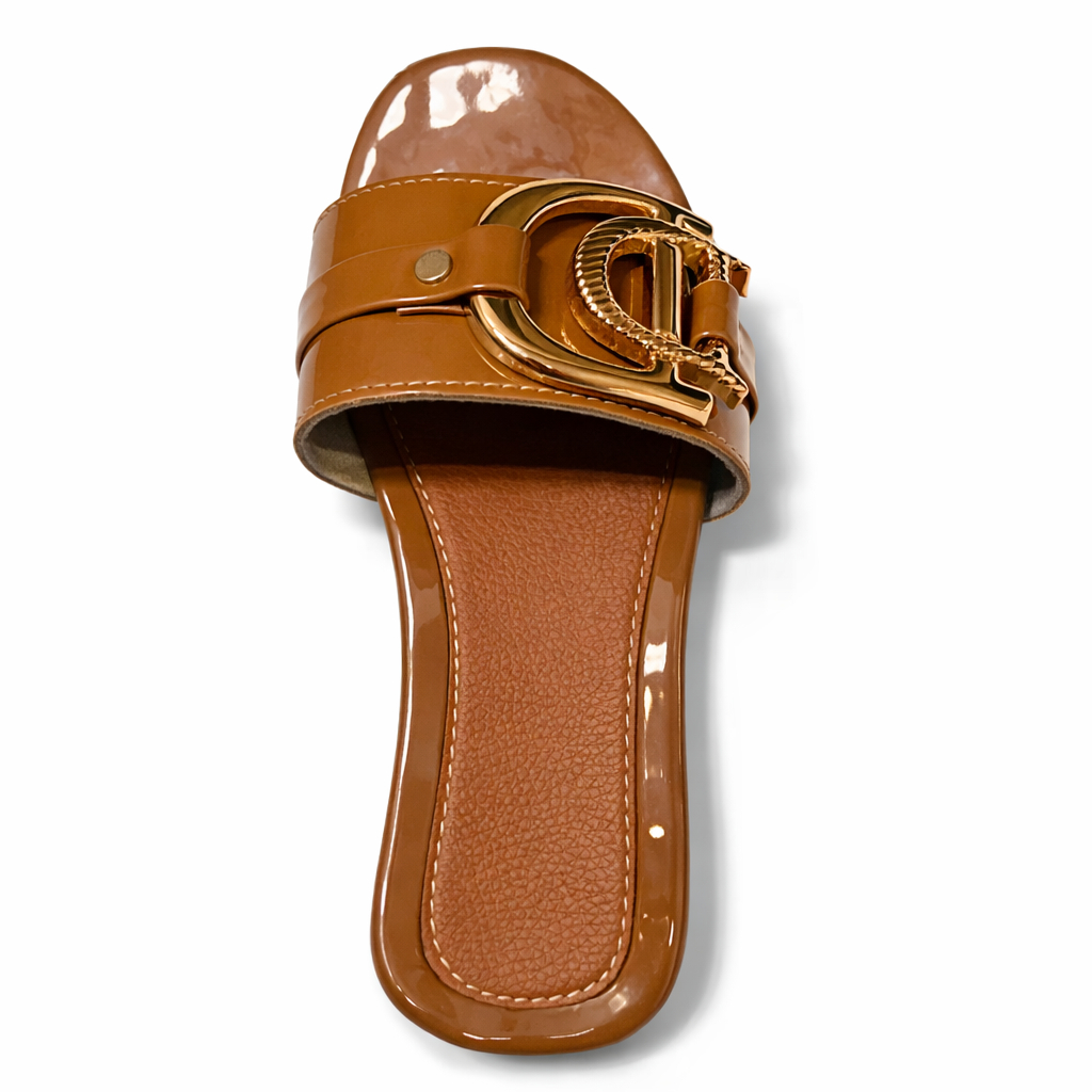 Glossy Open Toe Slide Sandal with Metal Accent
