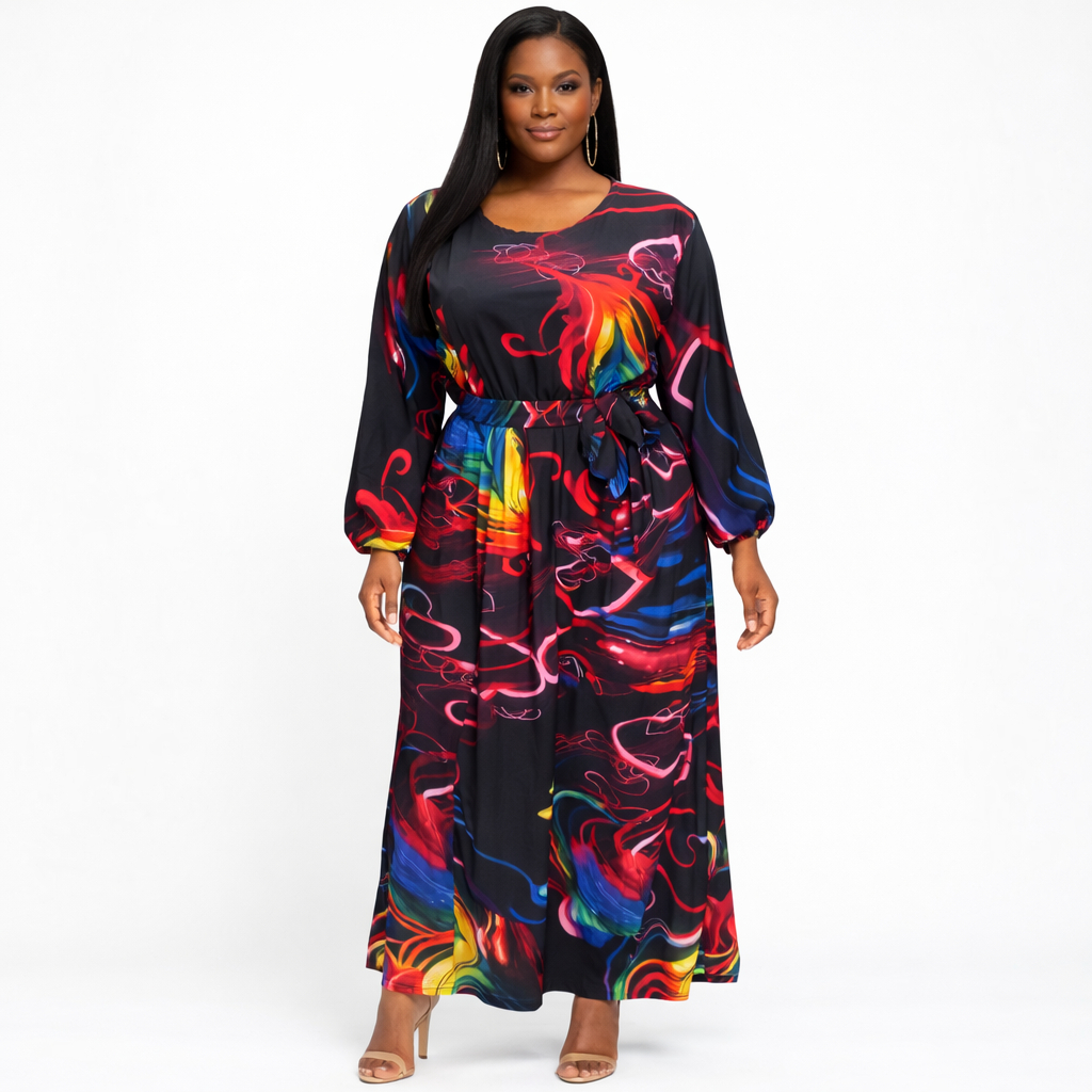 Multicolor Abstract Print Long Sleeve Maxi Dress with Waist Tie