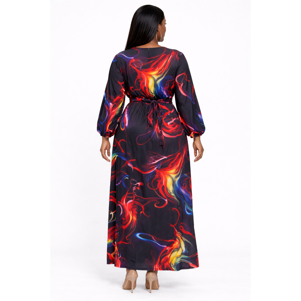 Multicolor Abstract Print Long Sleeve Maxi Dress with Waist Tie