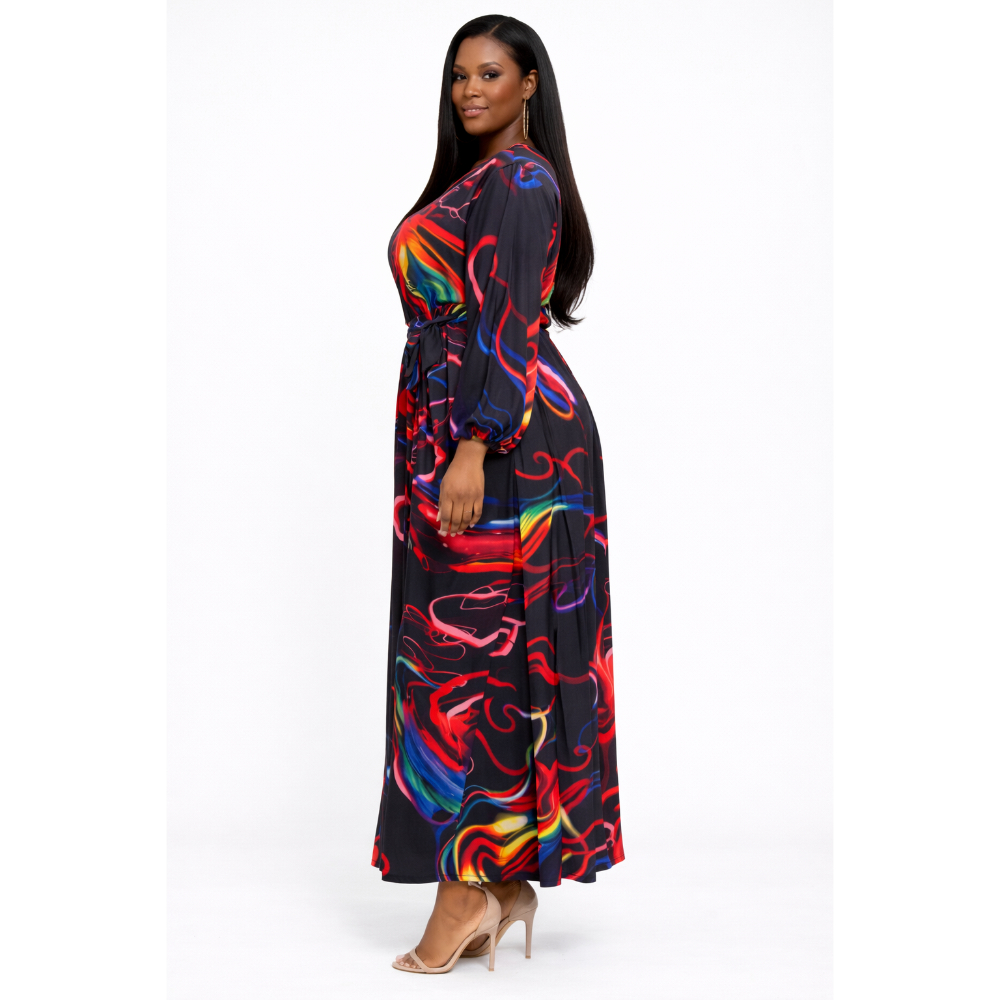 Multicolor Abstract Print Long Sleeve Maxi Dress with Waist Tie