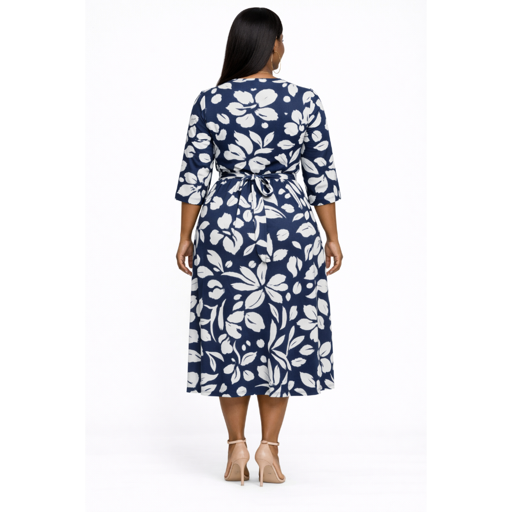 Quality Women Navy and White Floral Midi Dress with Sleeves