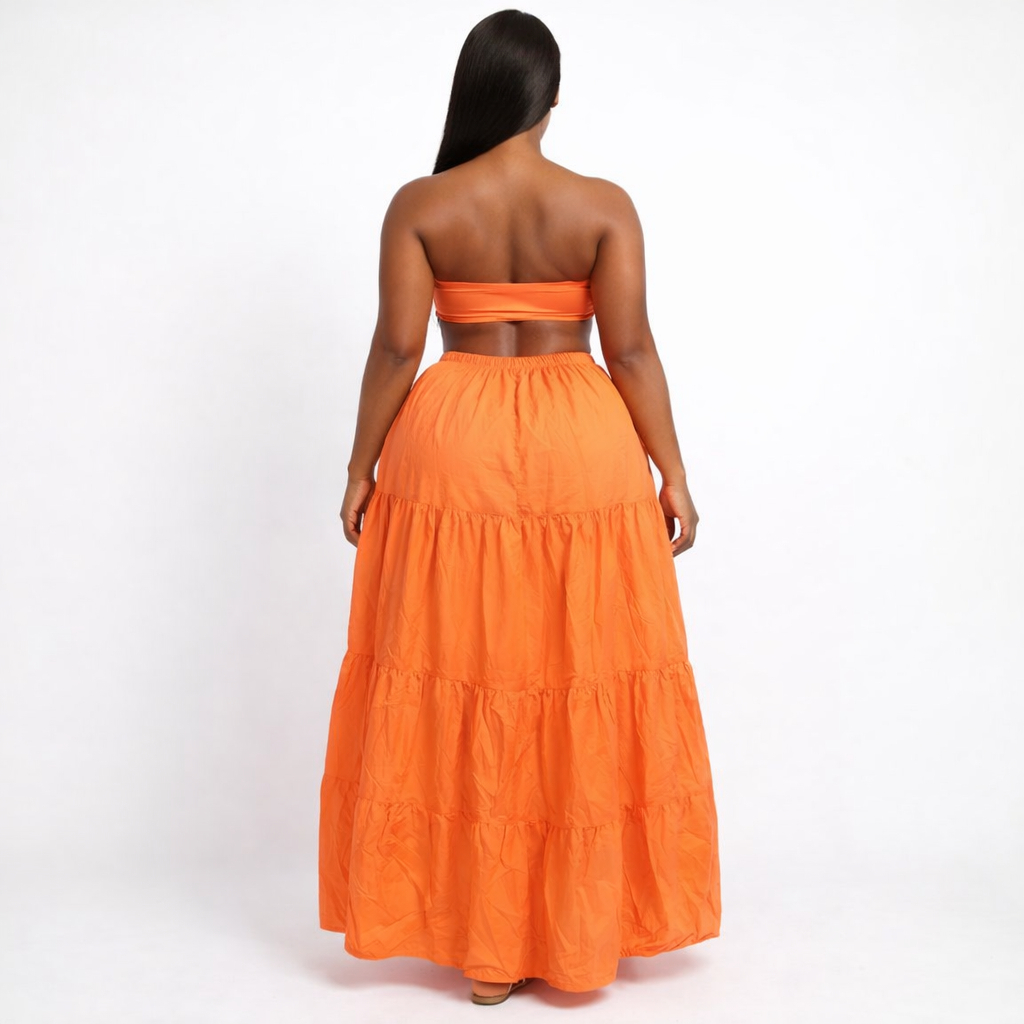 Bright Coral Tiered Maxi Skirt with Elastic Waist