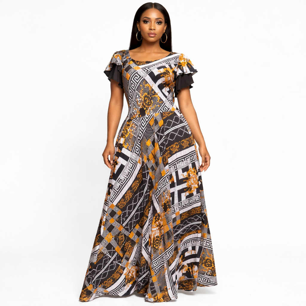Mixed Print Flare Maxi Dress