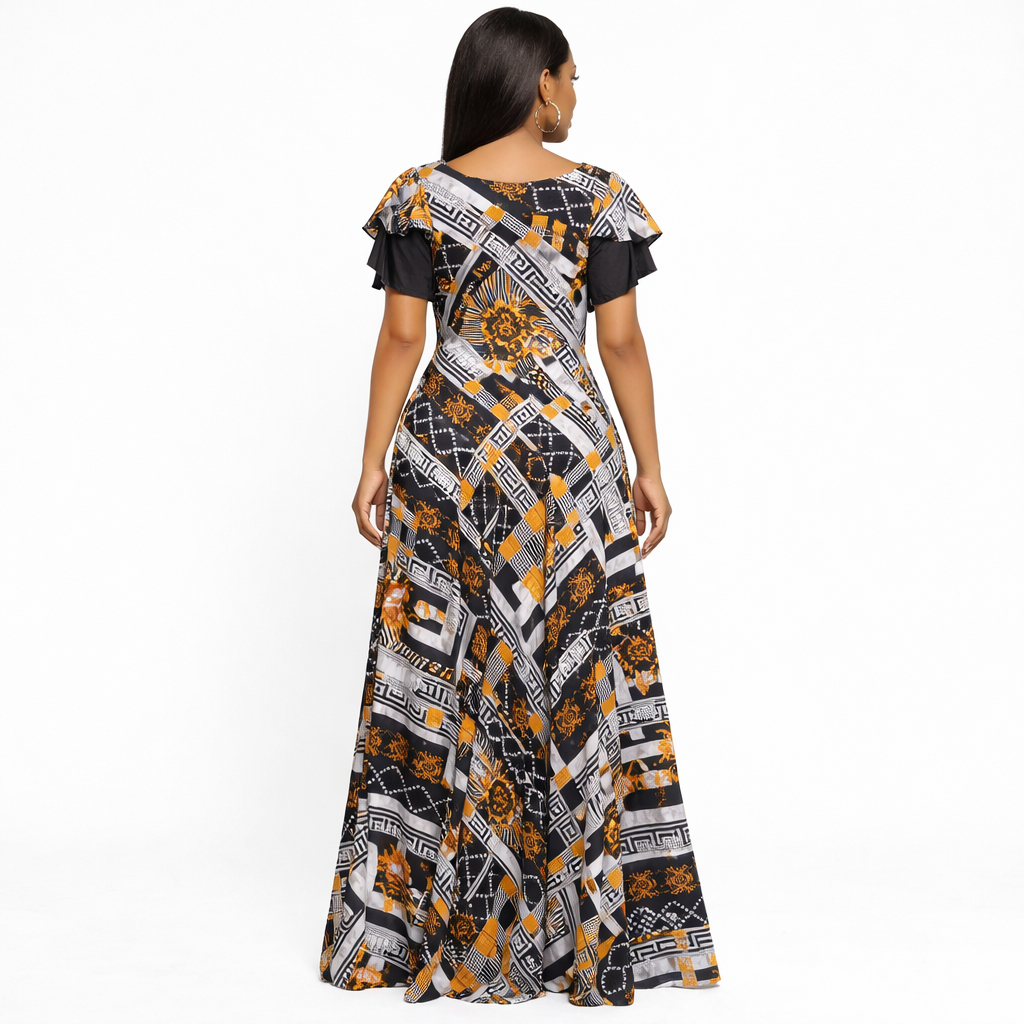 Mixed Print Flare Maxi Dress